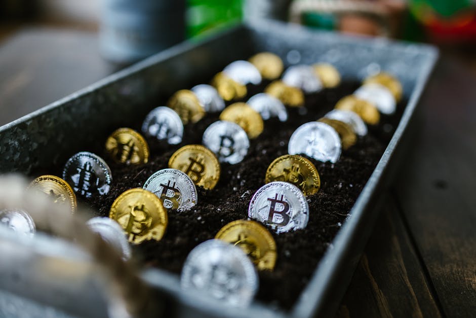 Gold and silver Bitcoin coins growing in soil, symbolizing investment and growth potential